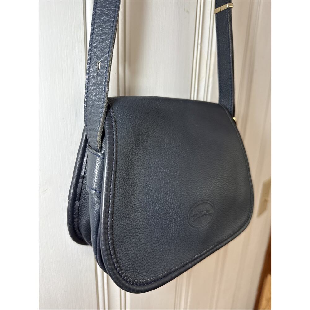 Longchamp Vintage Navy blue Pebbled Leather Small Crossbody Flap Designer Purse - Picture 4 of 9
